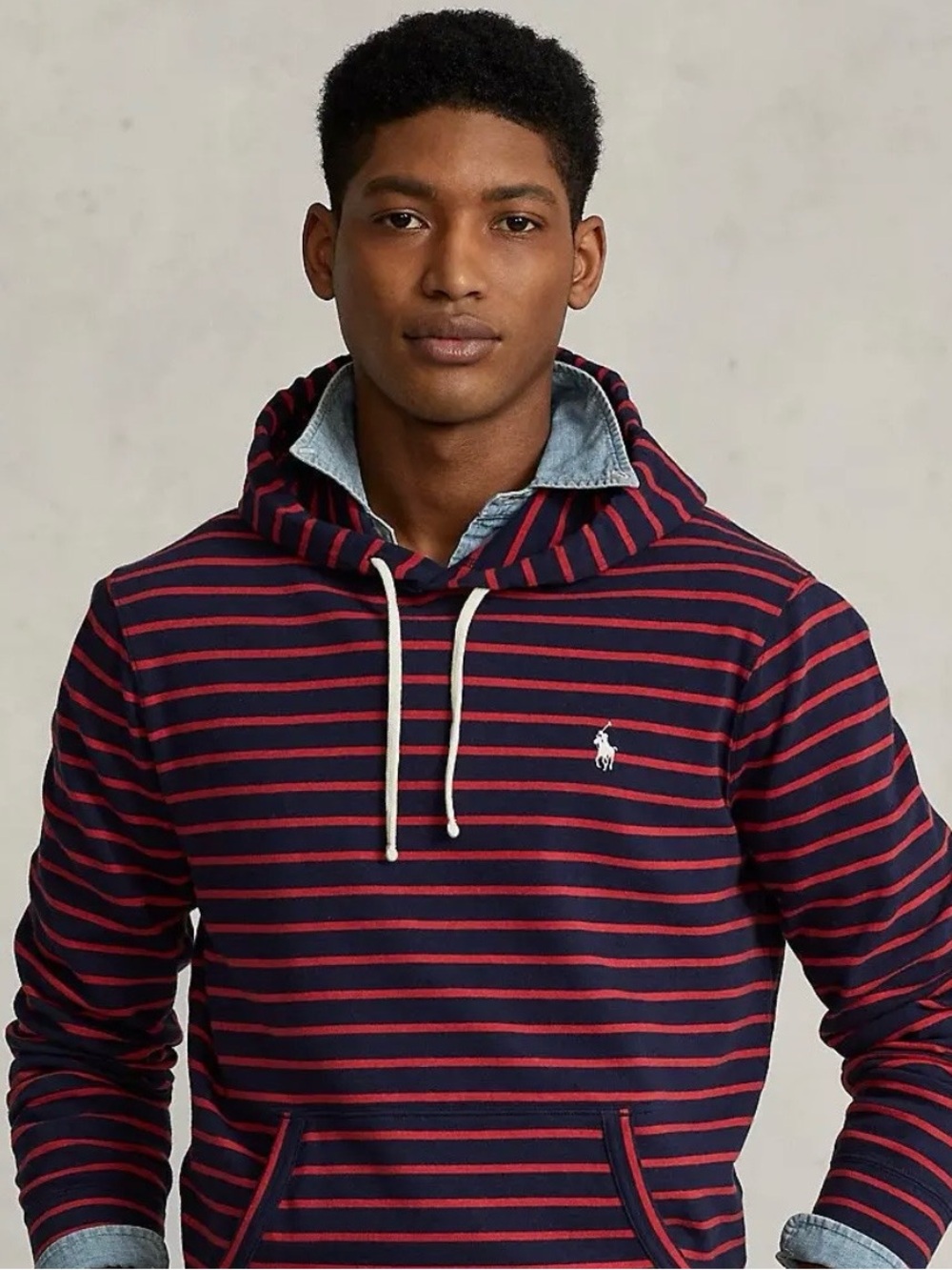 Polo Ralph Lauren Striped Cotton Linen Terry Hoodie Fits S Navy Red White Pony